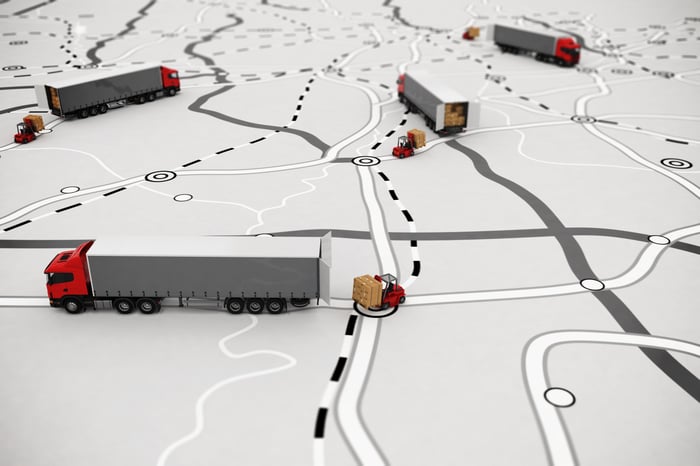 fleet unloading goods on a map